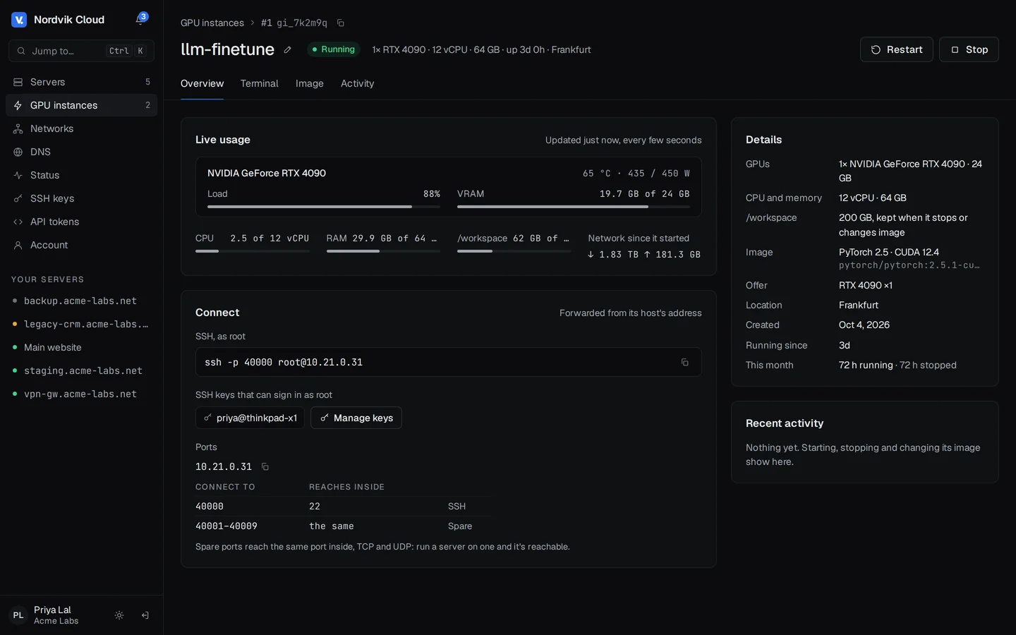 A customer's GPU instance: live card load, VRAM, temperature and power, the SSH command and forwarded ports, and its image, offer and hours this month