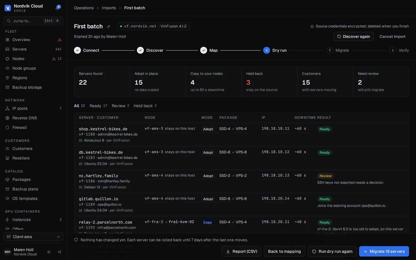 A VirtFusion import's dry run: 22 servers found, 15 to adopt in place, 4 to copy, 3 held back, with each server's node, package, address and result
