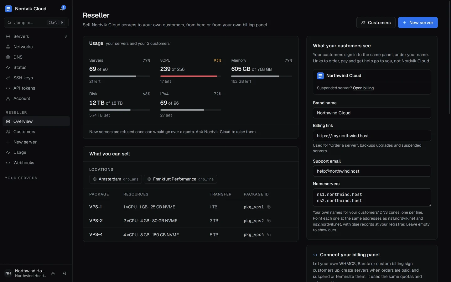 The reseller overview: usage against quotas, the locations and packages they can sell, and the brand their customers see